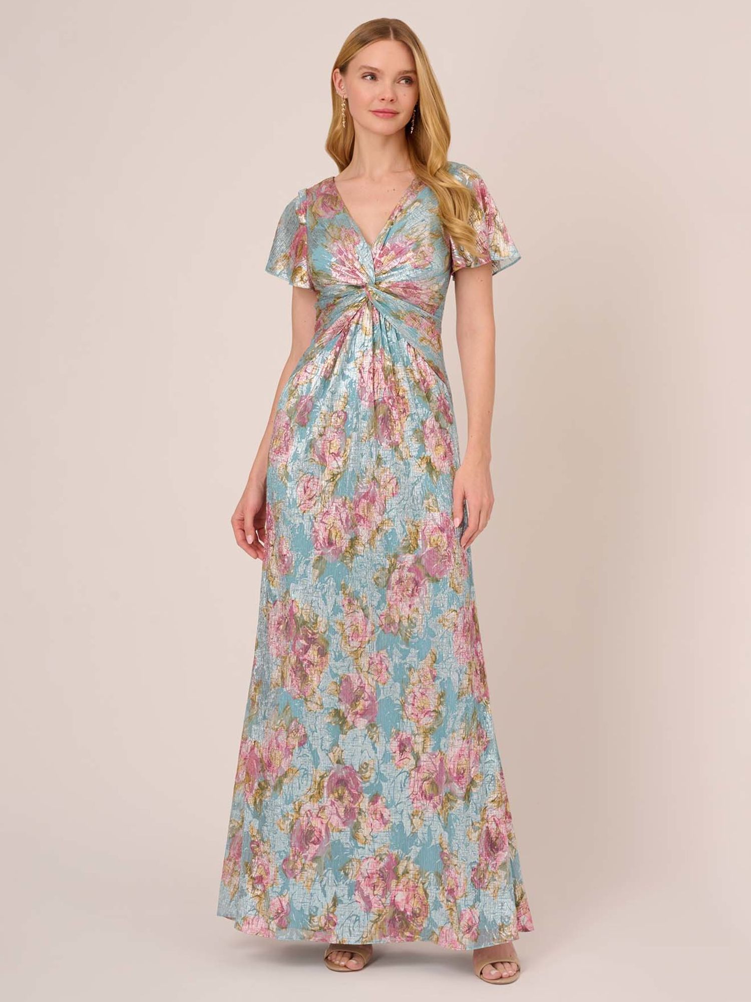 Adrianna Papell Foiled Mesh Floral Maxi Dress Mint Multi