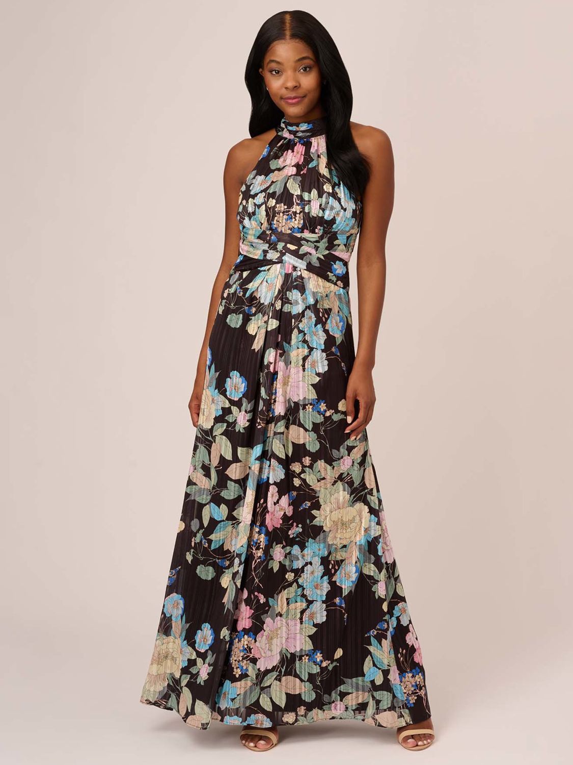 Adrianna Papell Floral Chiffon Halter Neck Maxi Dress, Black/Multi, 8