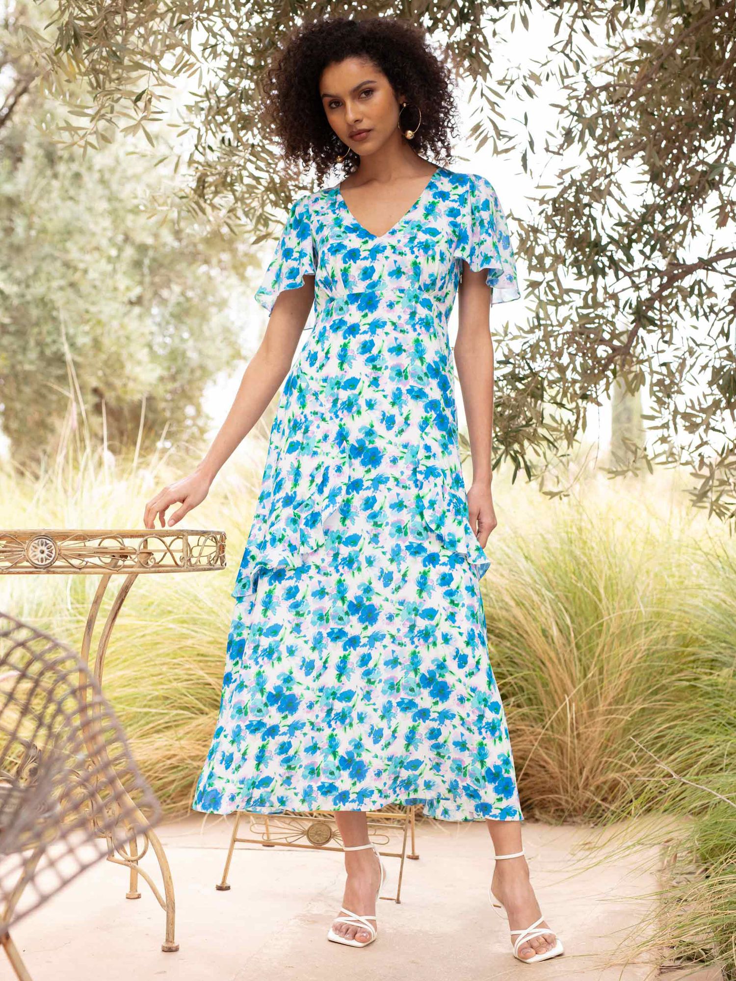 Ro&Zo Daphne Floral Tiered Dress, Blue at John Lewis & Partners