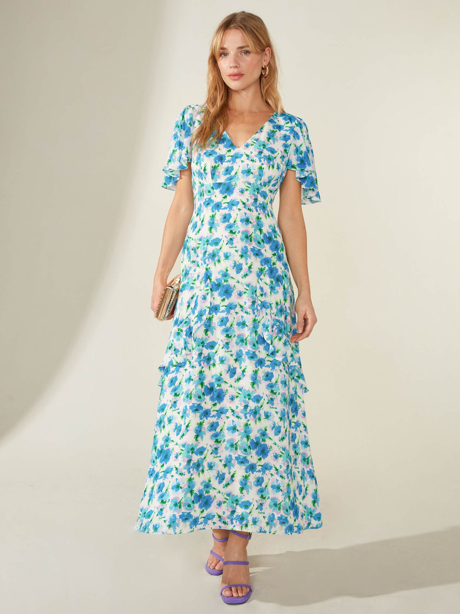 Ro&Zo Daphne Floral Tiered Dress, Blue at John Lewis & Partners