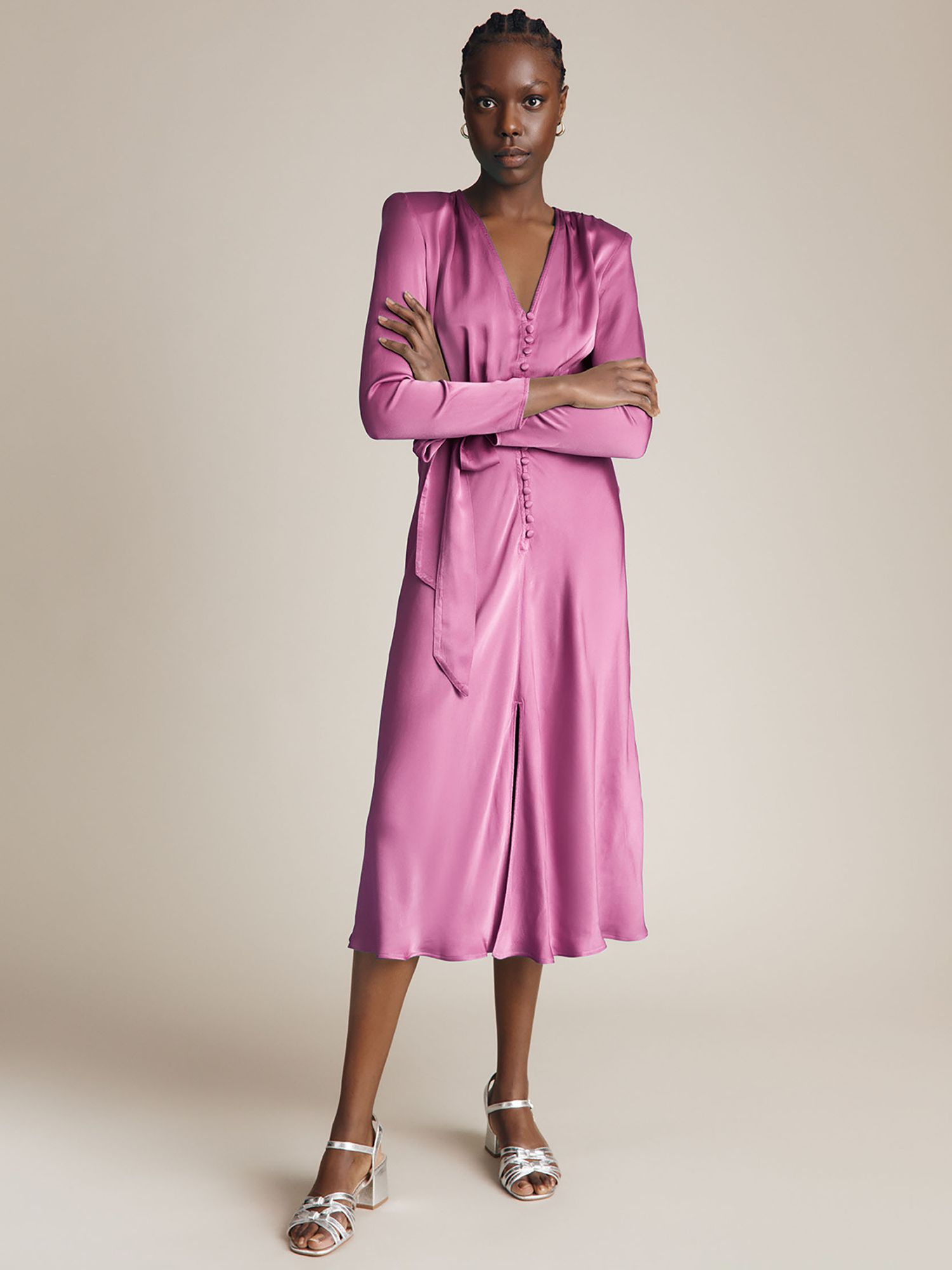 Ghost Meryl Satin Midi Dress, Bright Mauve at John Lewis & Partners