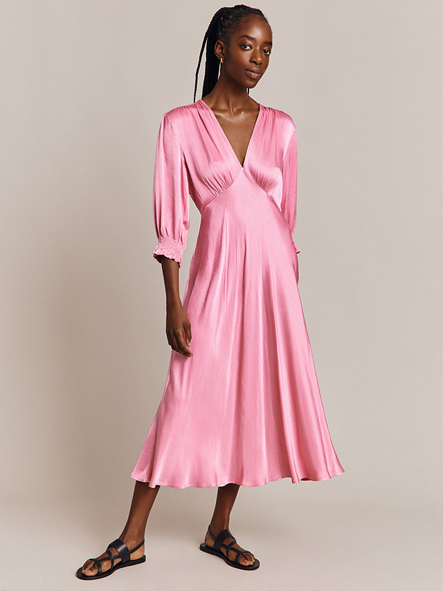 Ghost Elle Satin Empire Line Midi Dress, Pink, Xs