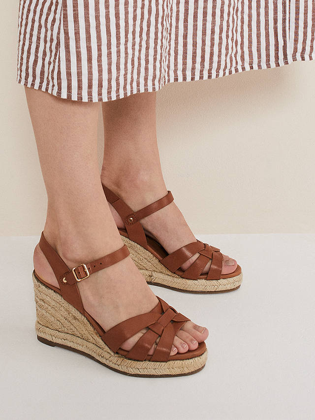 Phase Eight Leather Multi Strap Espadrille Wedge Sandals, Tan