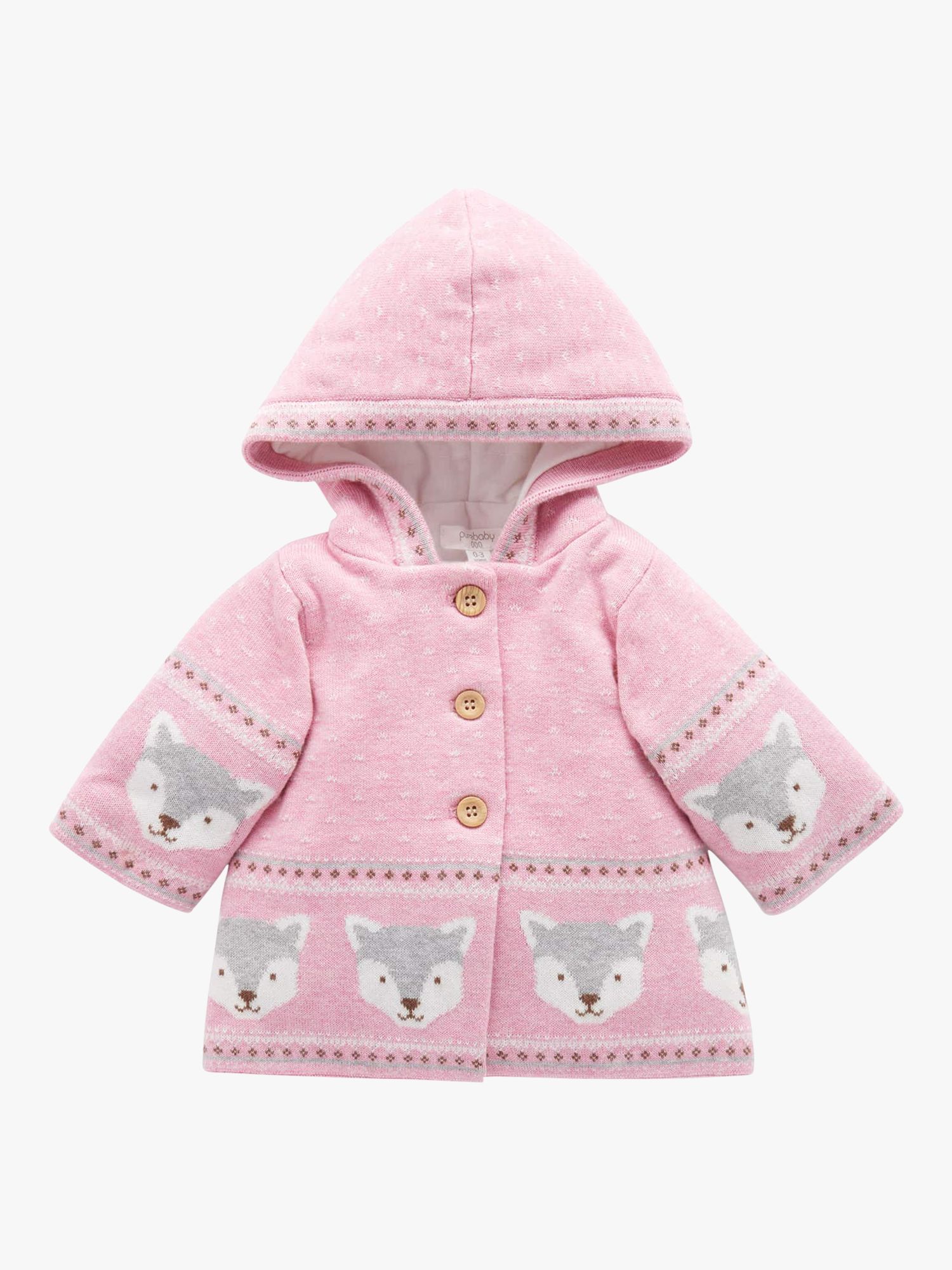 Purebaby Fox Padded Jacket, Pink Jacquard at John Lewis & Partners