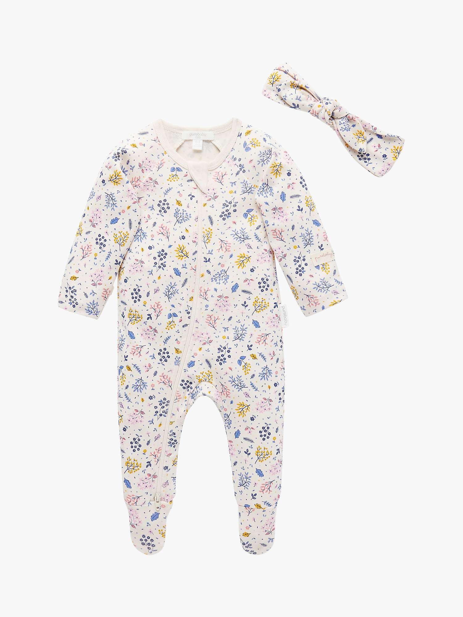 Buy Purebaby Baby Floral Print Zip Growsuit & Headband Set, Dusk Online at johnlewis.com