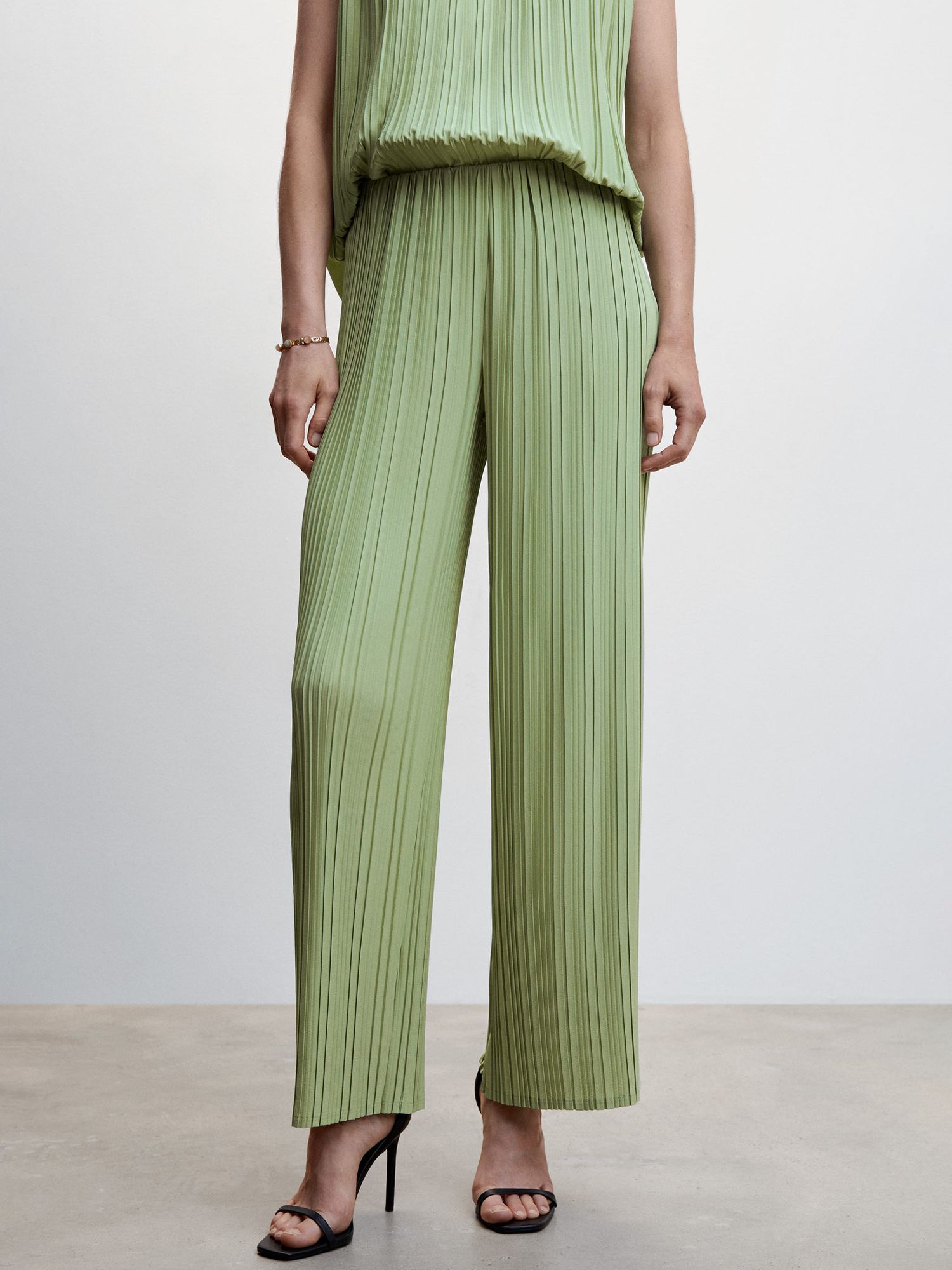 Mango Athens Pleated Wide Leg Trousers, Green, XS
