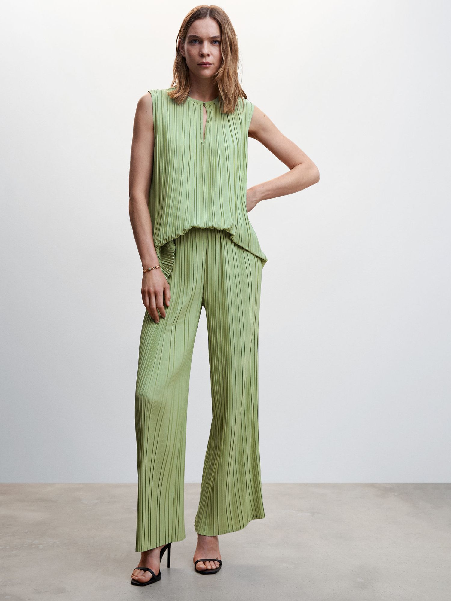 Mango Athens Pleated Wide Leg Trousers, Green at John Lewis & Partners