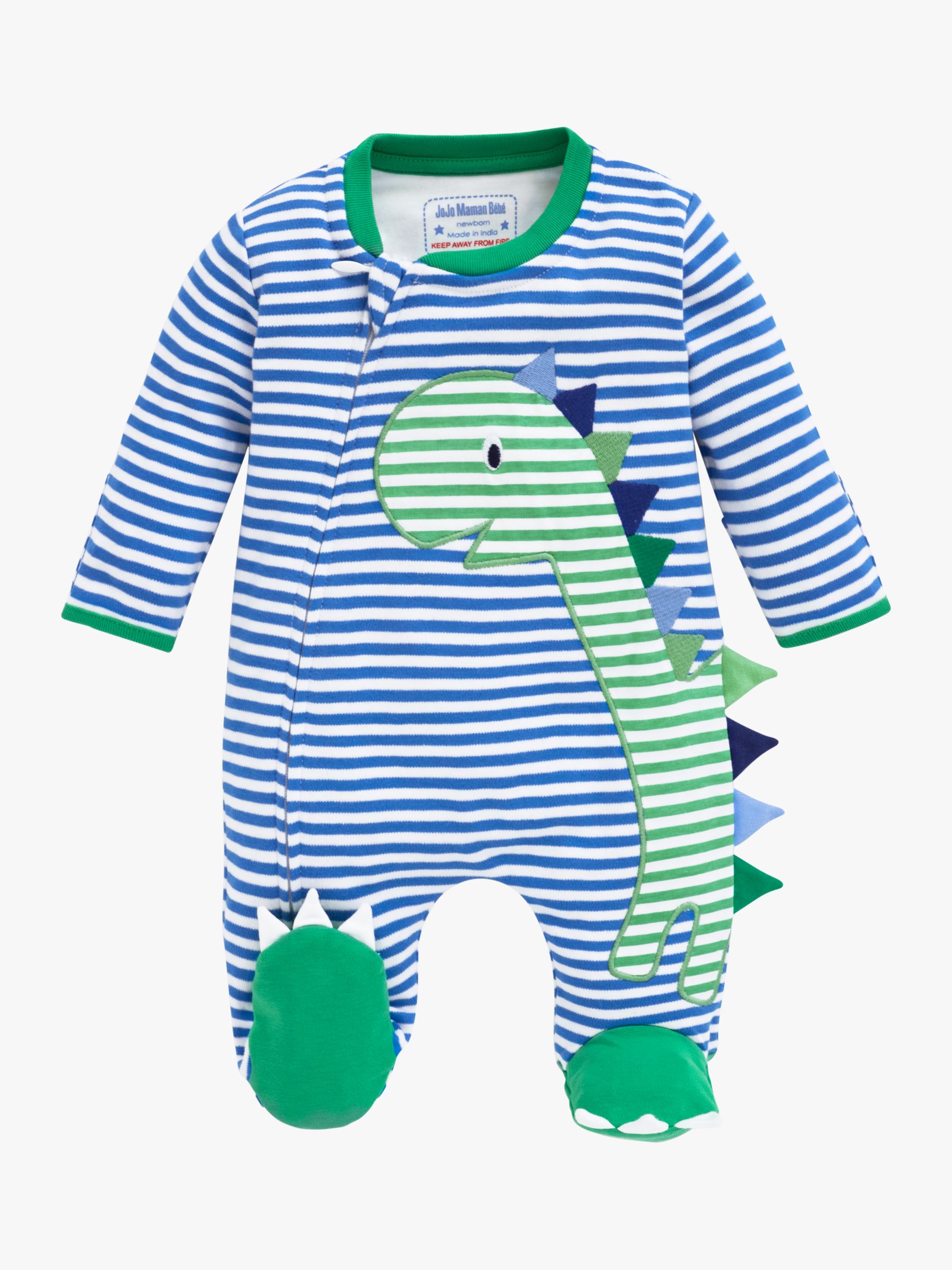 JoJo Maman Bébé Dino Appliqué Zip Sleepsuit, Blue, Newborn