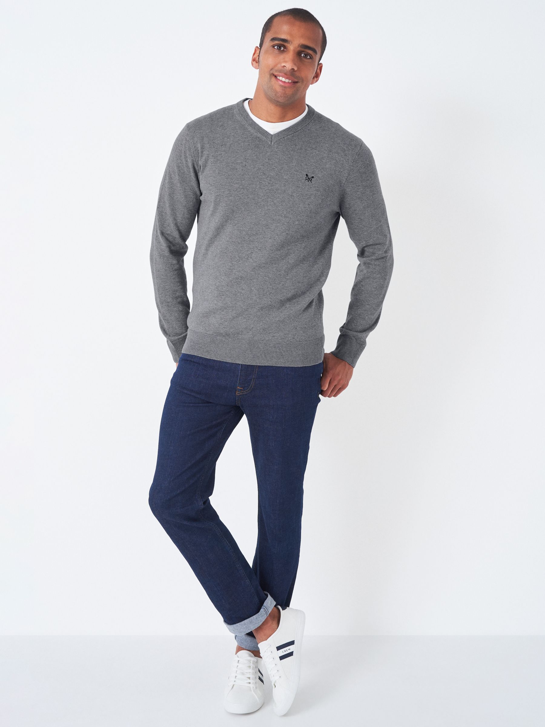 Crew Clothing Plain Organic Cotton V-Neck Jumper, Light Grey, XS
