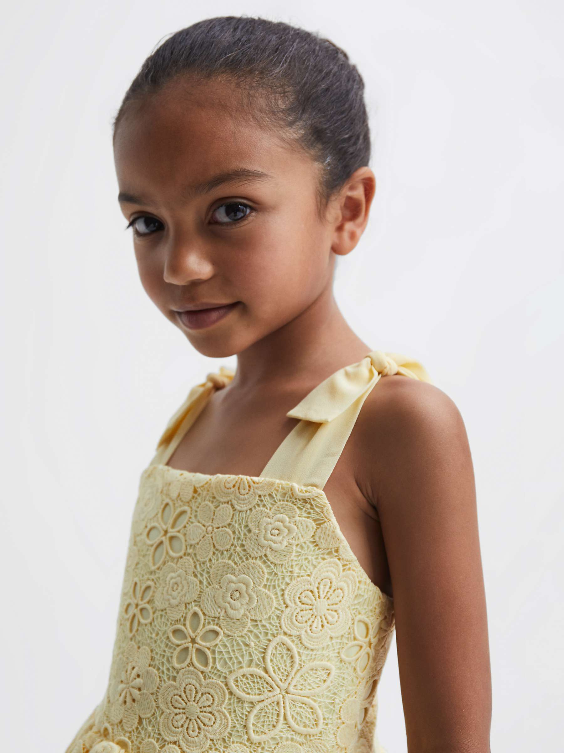 Buy Reiss Kids' Bethany Bow Strap Lace Peplum Dress, Lemon Online at johnlewis.com
