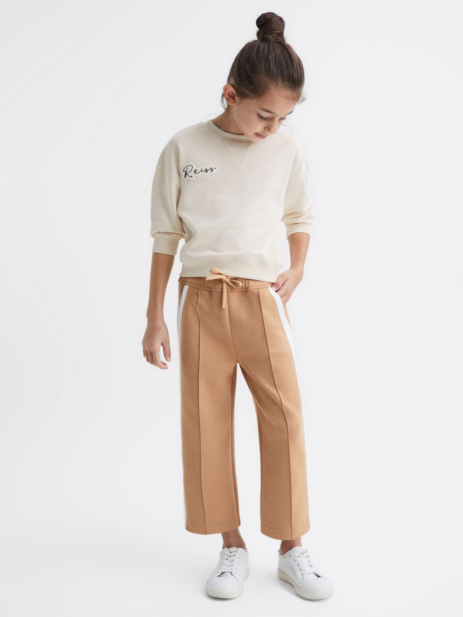 Reiss Kids' Tegan Side Stripe Jersey Trousers, Camel/White