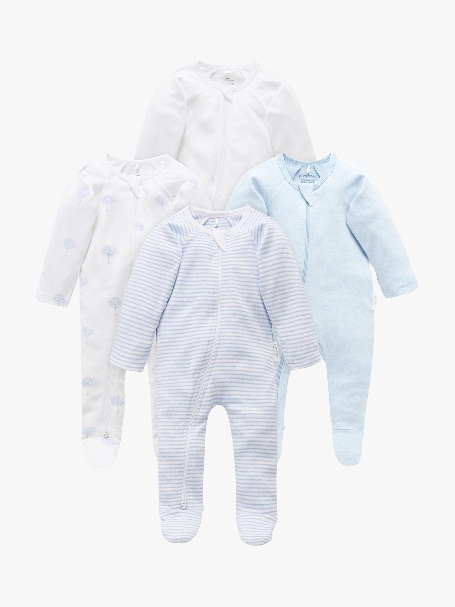 Purebaby Organic Cotton Essential Zip Front Growsuit, Pack of 4, Blue Melange, Newborn