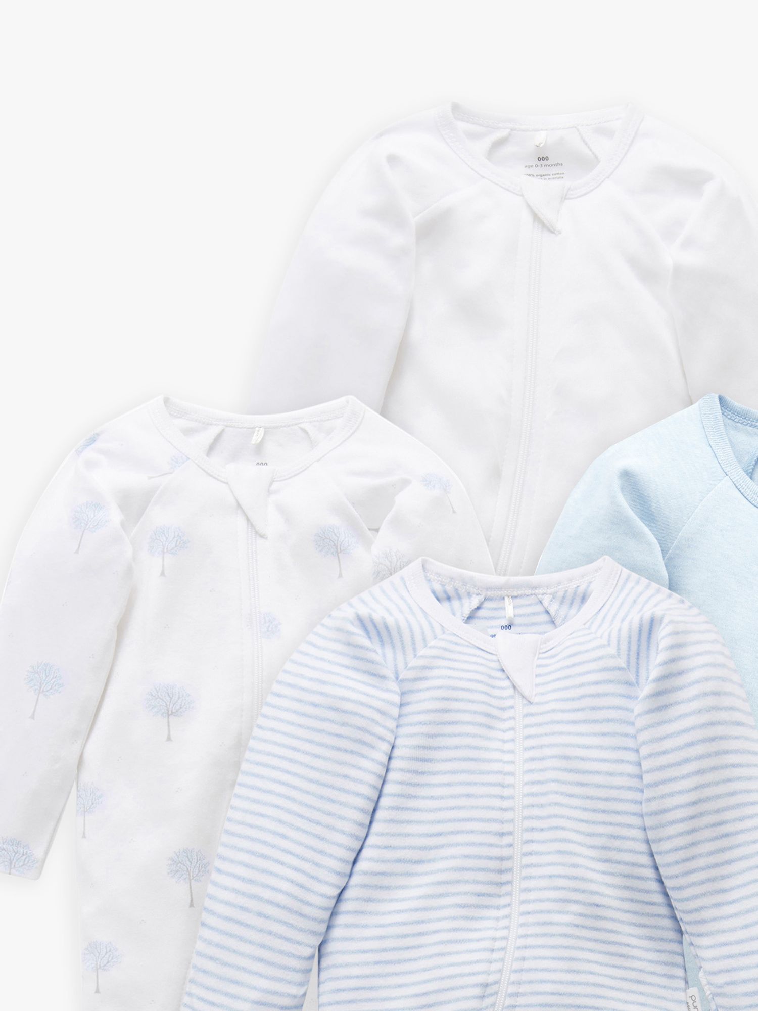 Purebaby Organic Cotton Essential Zip Front Growsuit, Pack of 4, Blue Melange, Newborn