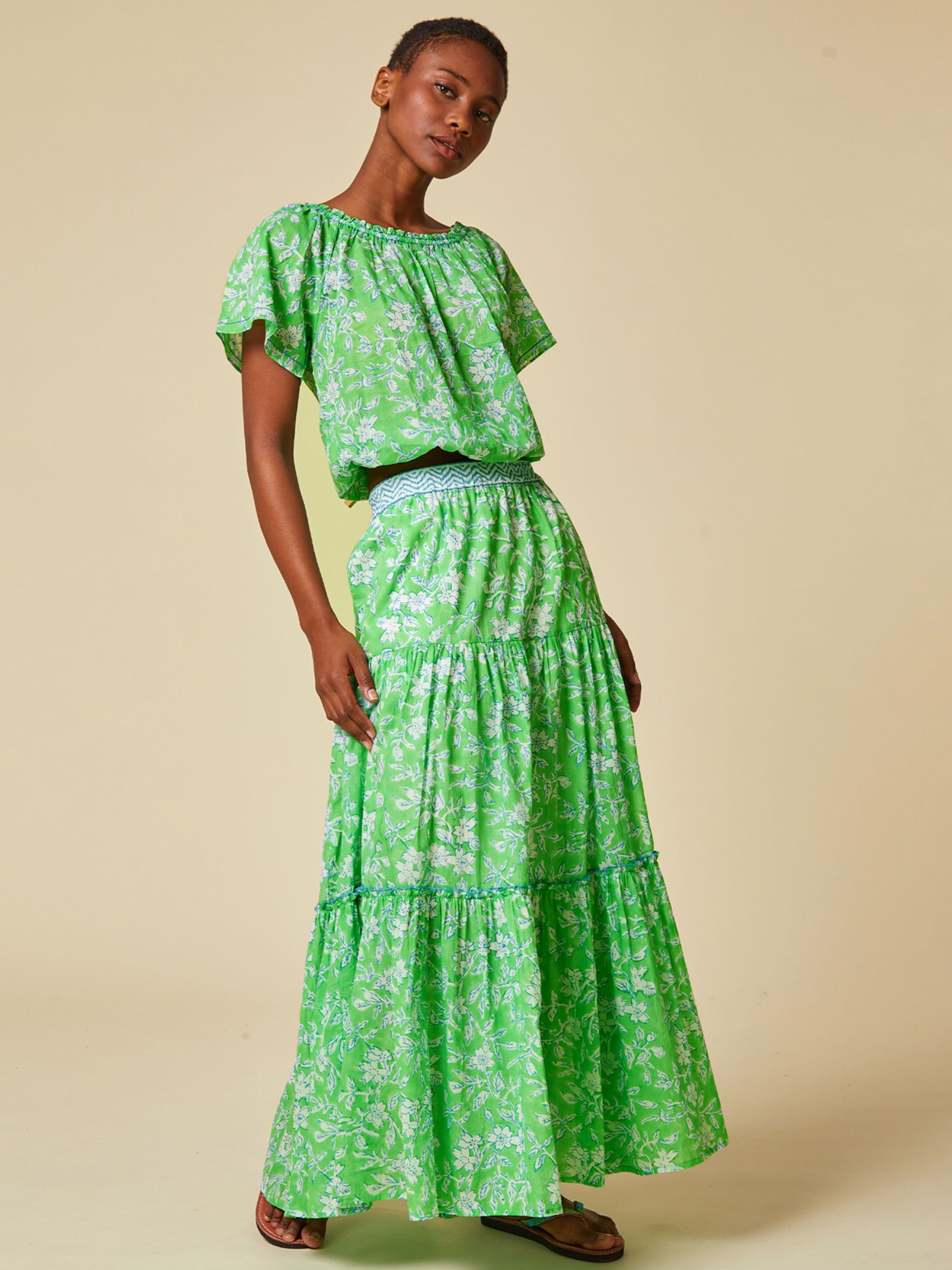 Aspiga Block Floral Print Tiered Maxi Skirt, Apple Green