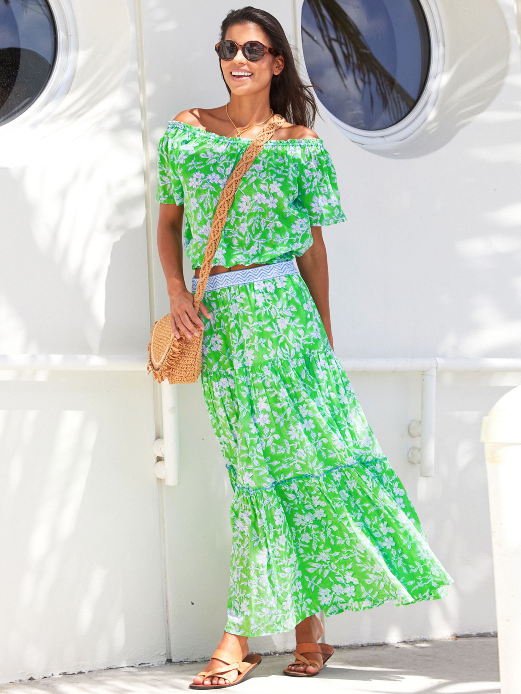 Aspiga Block Floral Print Tiered Maxi Skirt Apple Green at John