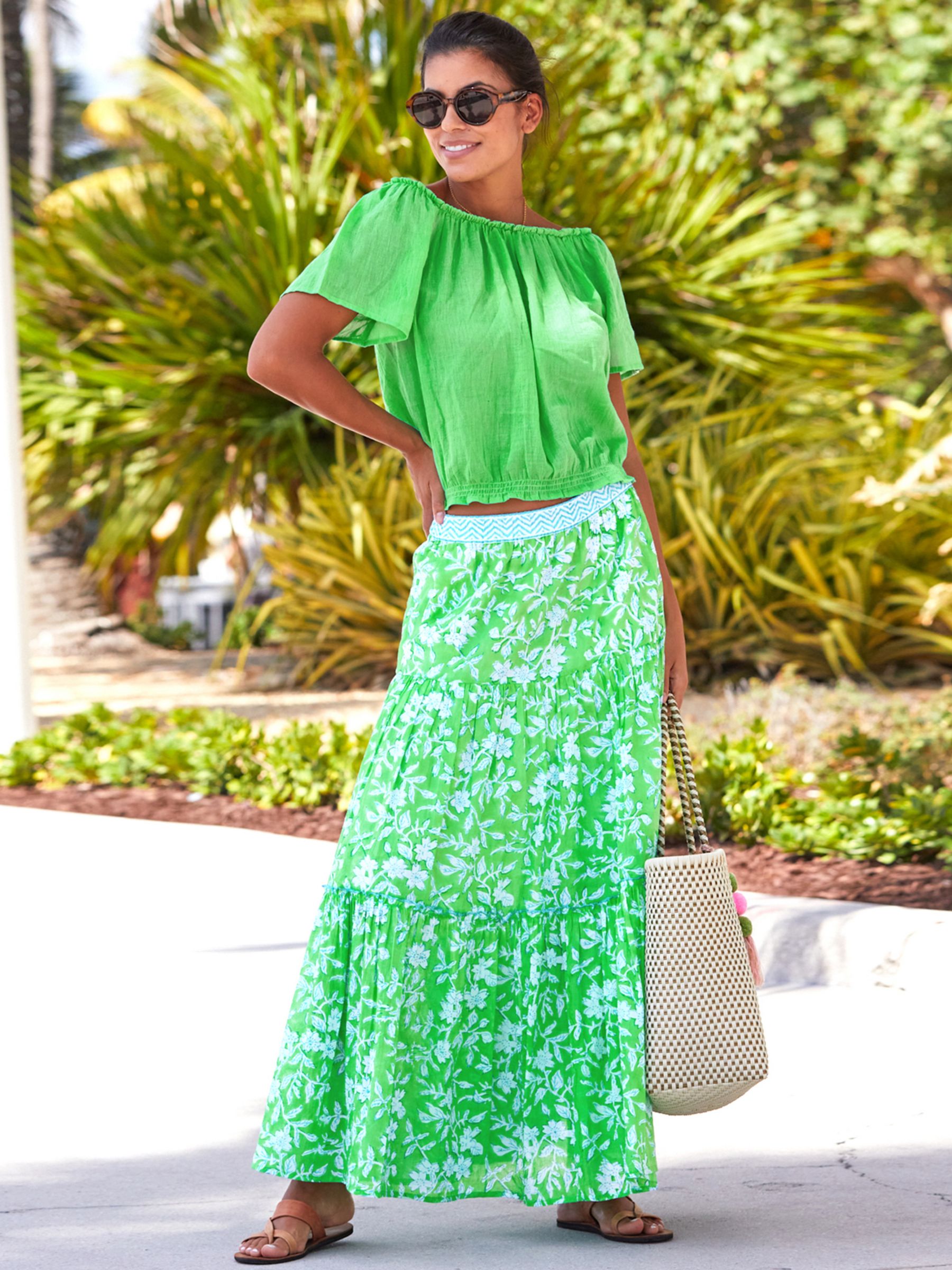 Aspiga Block Floral Print Tiered Maxi Skirt, Apple Green at John Lewis ...