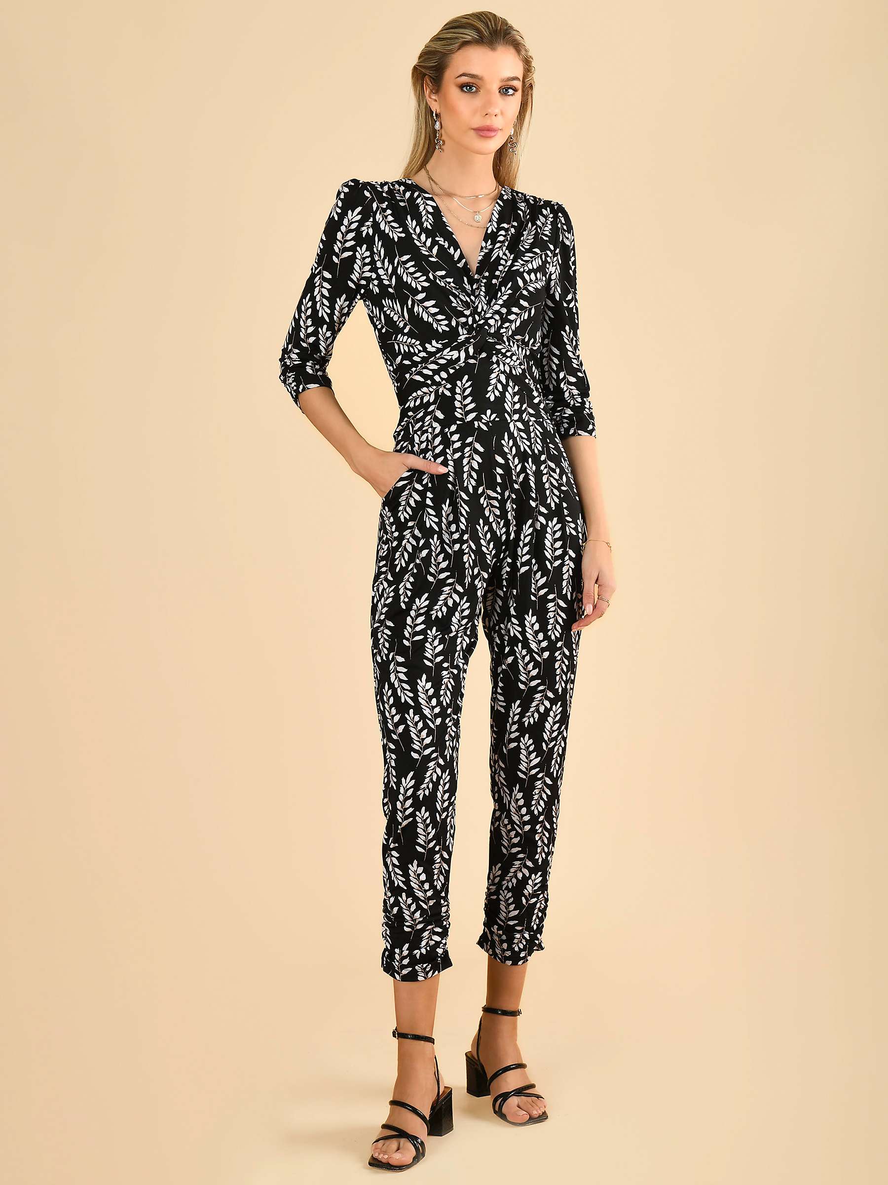 Buy Jolie Moi Cheryl Twist Front Jersey Jumpsuit, Black Leafy Online at johnlewis.com
