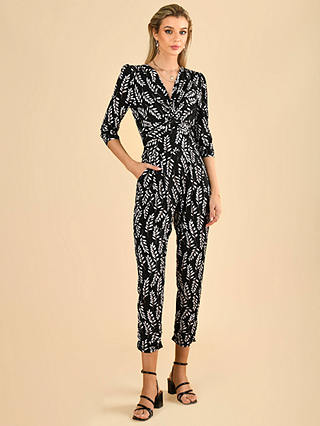 Jolie Moi Cheryl Twist Front Jersey Jumpsuit, Black Leafy