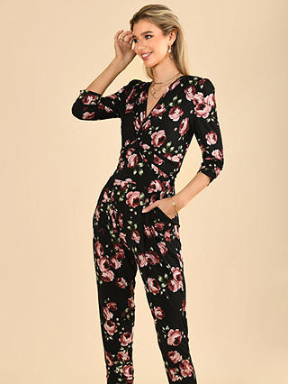 Jolie Moi Cheryl Twist Front Jersey Jumpsuit, Black Floral