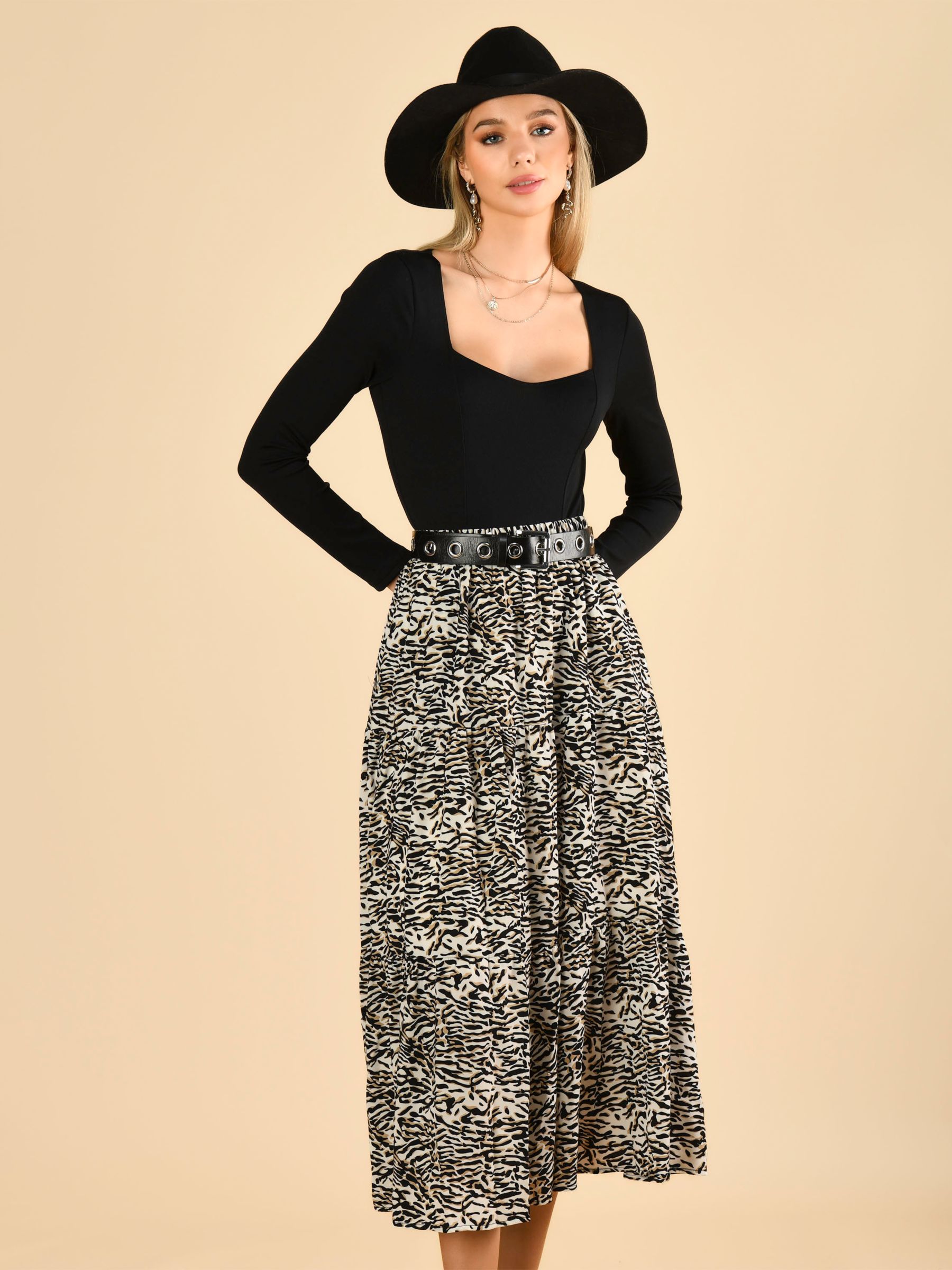 Jolie Moi Sara Tiered Maxi Skirt, Cream Animal, 8