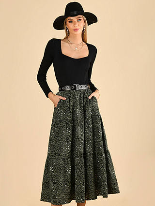 Jolie Moi Sara Tiered Maxi Skirt, Green Leopard