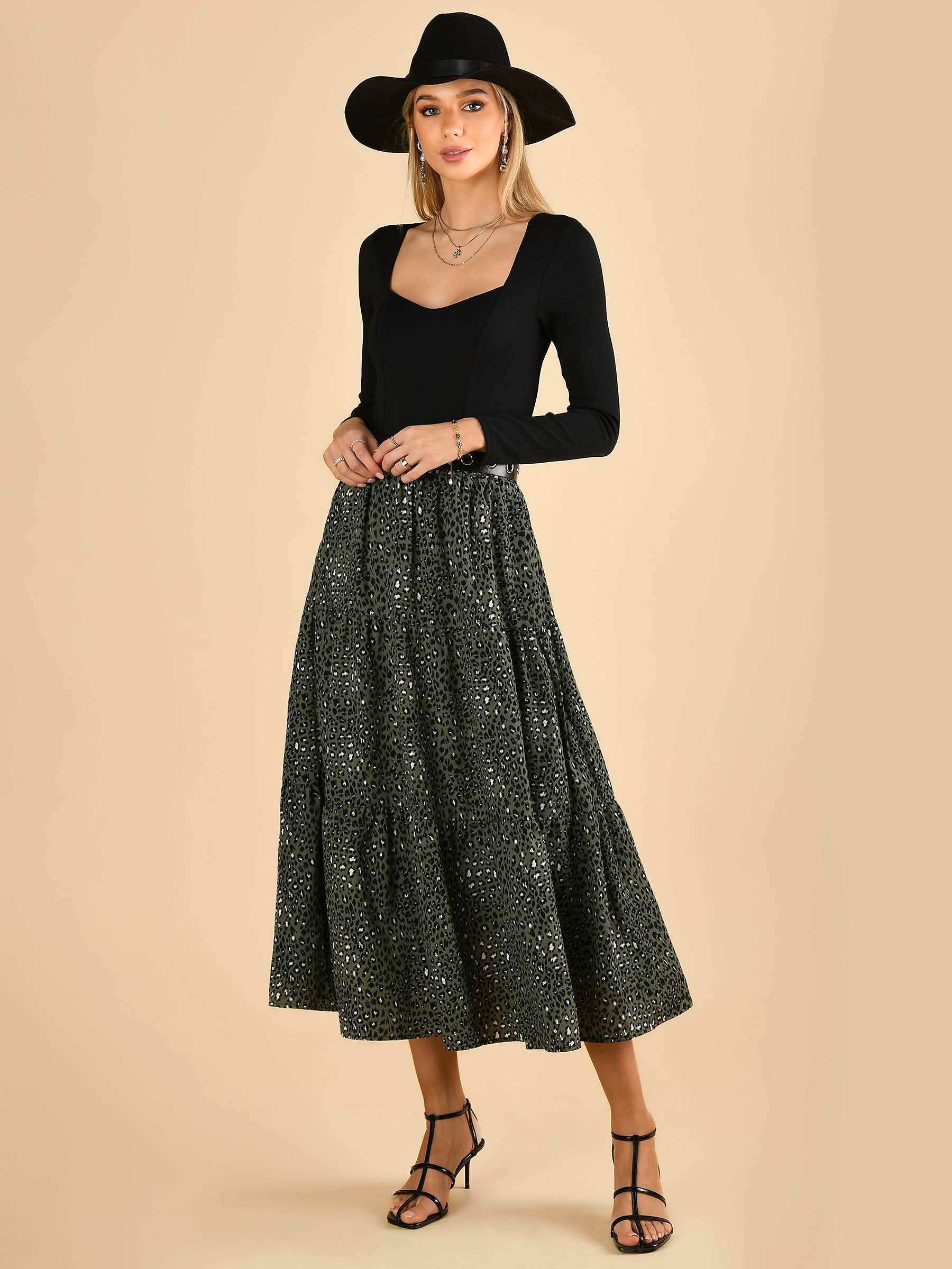 Buy Jolie Moi Sara Tiered Maxi Skirt, Green Leopard Online at johnlewis.com