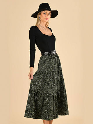 Jolie Moi Sara Tiered Maxi Skirt, Green Leopard