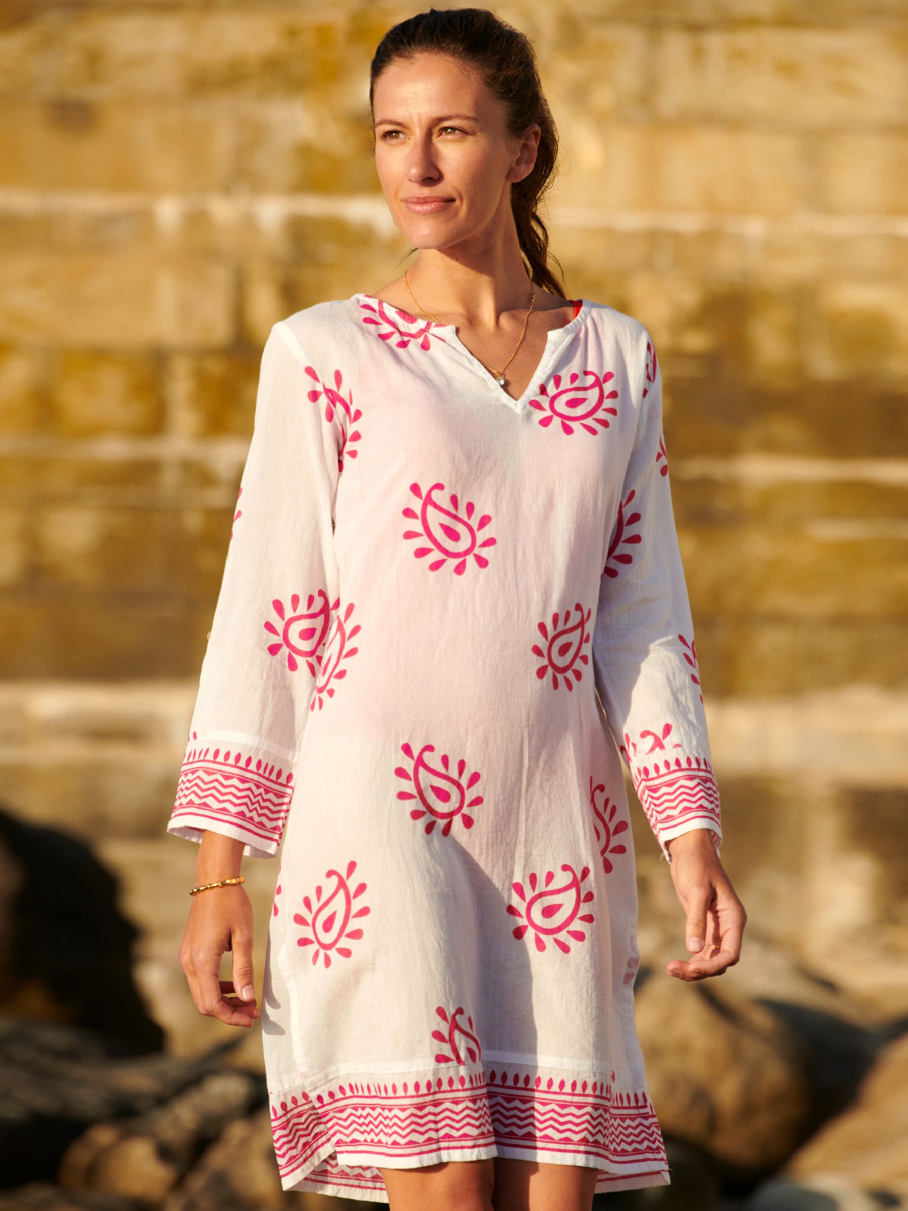 Aspiga Guadalupe Short Tunic Kaftan Paisley White Pink at John