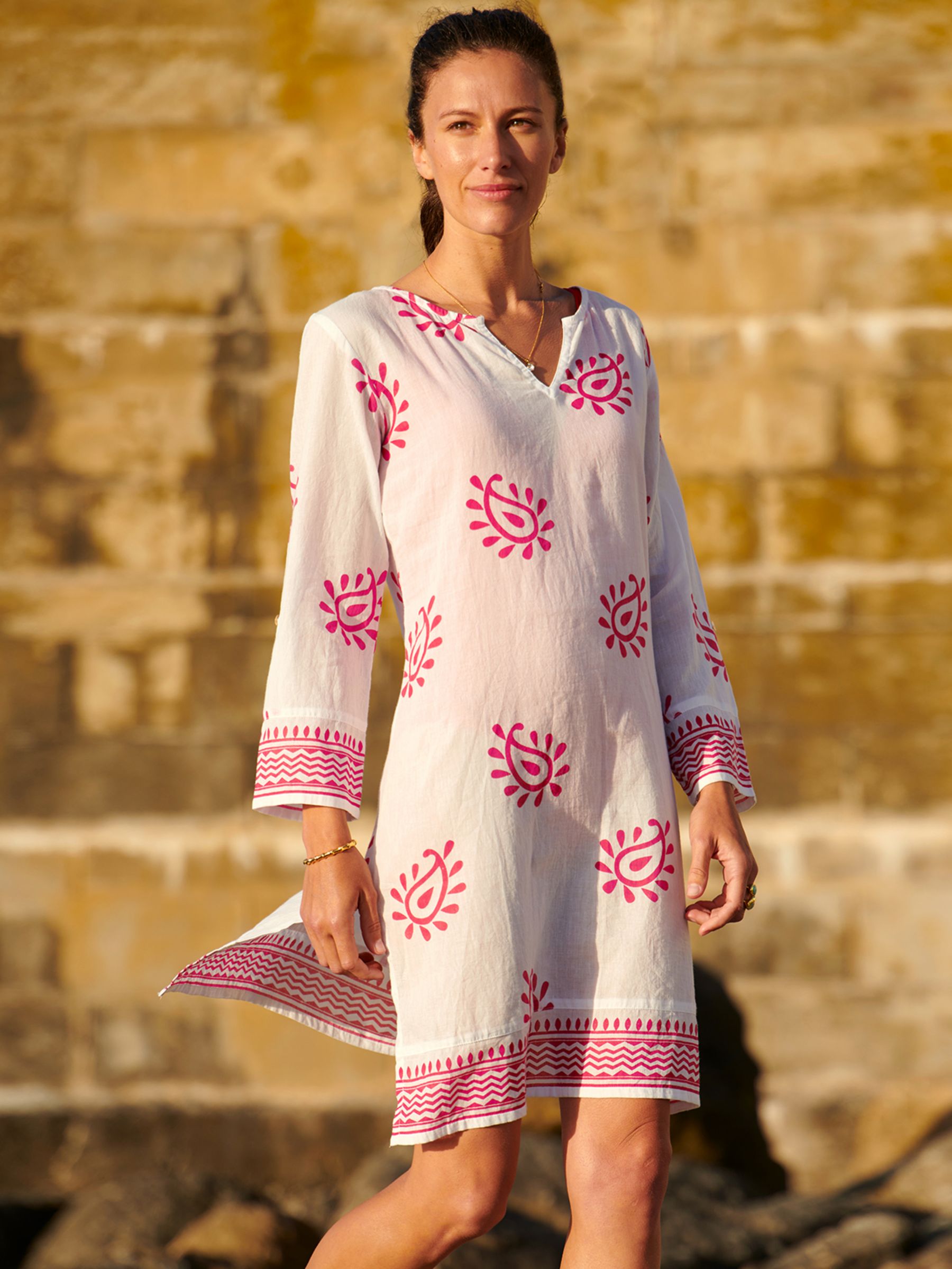 Aspiga Guadalupe Short Tunic Kaftan, Paisley White/Pink at John Lewis ...