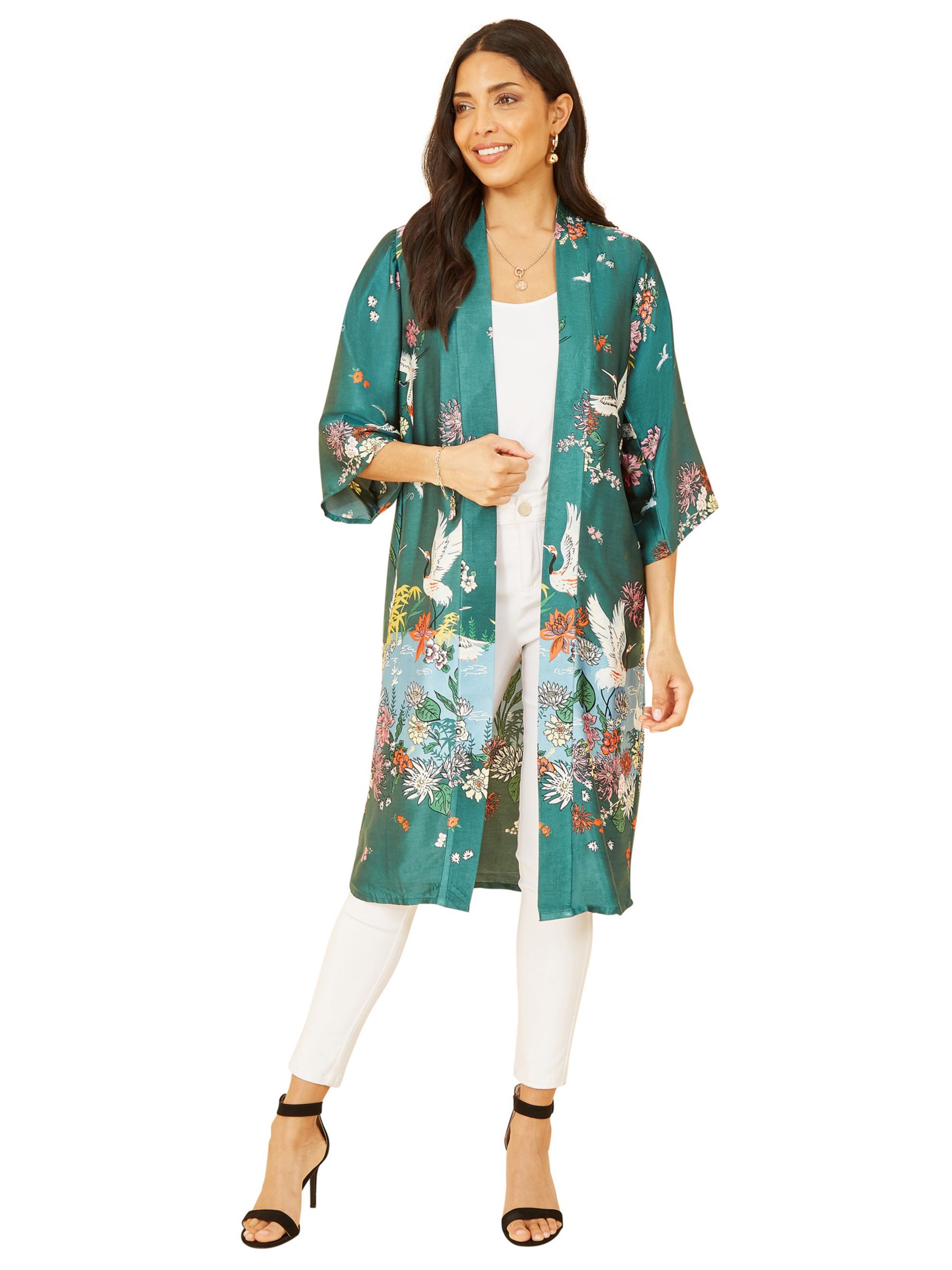 Yumi Satin Crane Border Kimono, Green