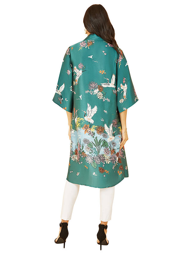 Yumi Satin Crane Border Kimono, Green