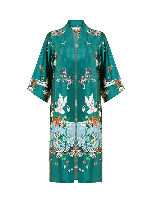Yumi Satin Crane Border Kimono, Green