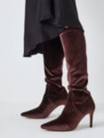 John Lewis Sugarpuff Faux Velvet Stretch Stiletto Heel Long Boots, Wine