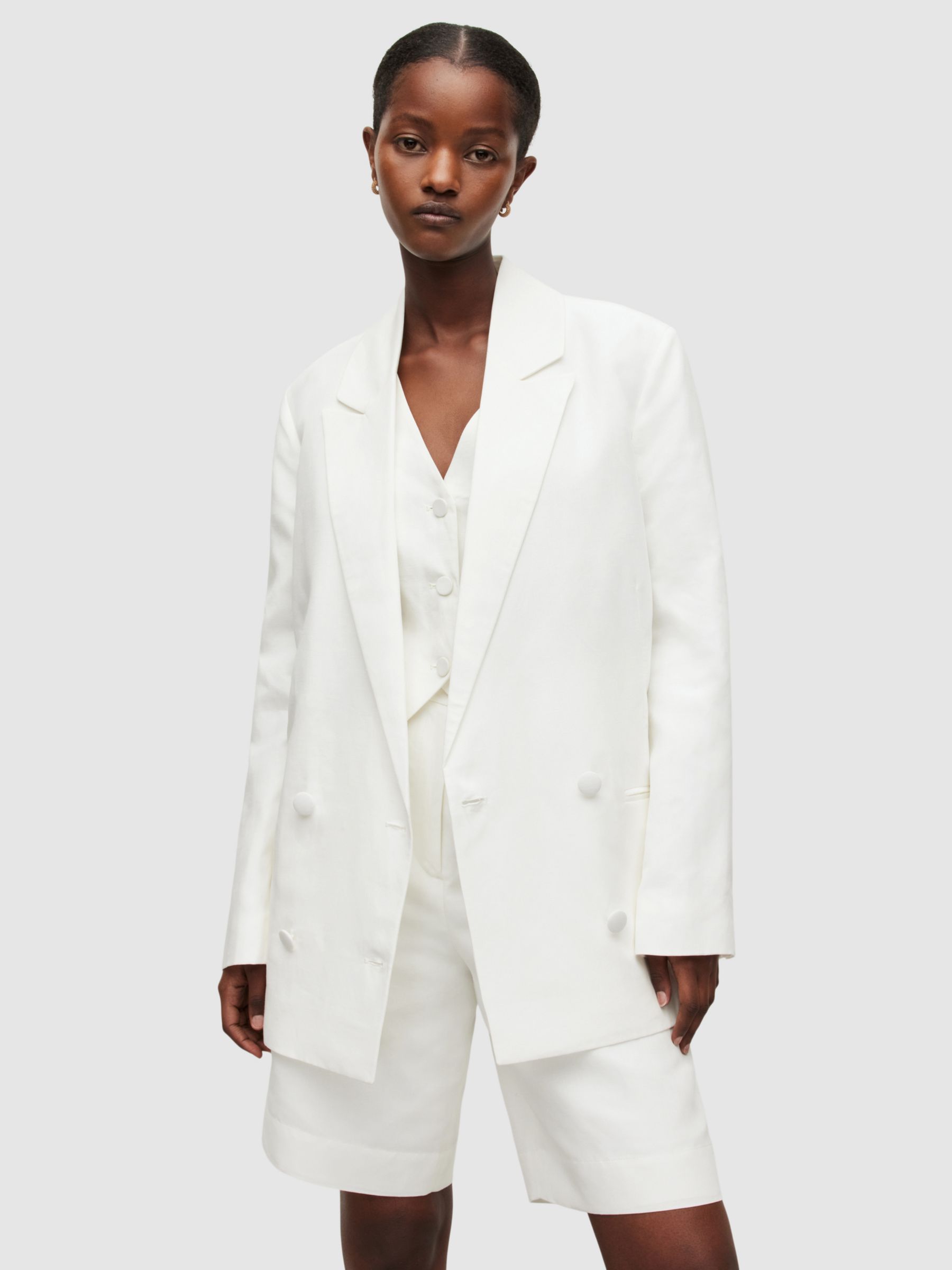 AllSaints Petra Double Breasted Linen Blend Blazer, Off White at John ...