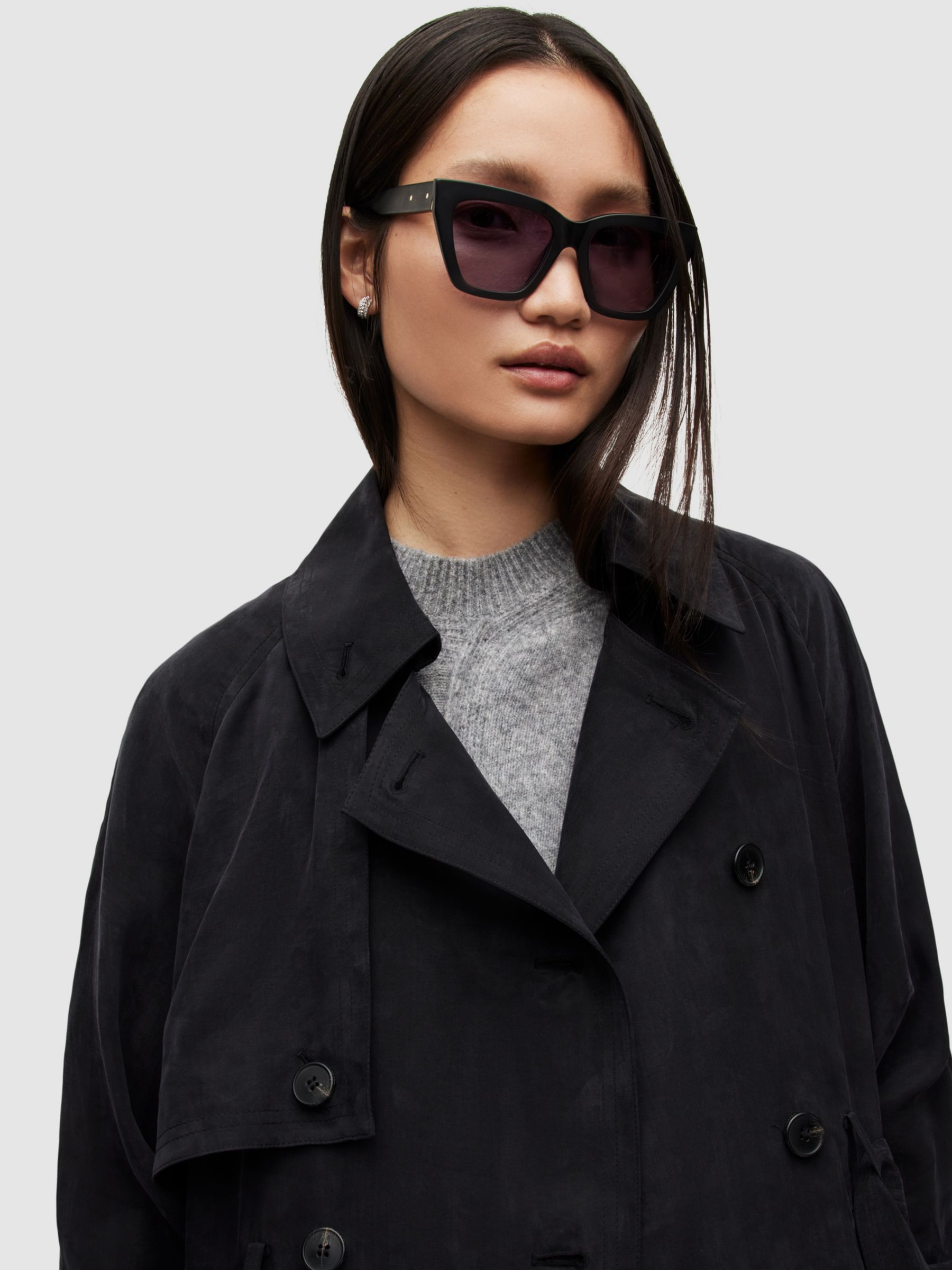 AllSaints Kikki Trench Coat, Black at John Lewis & Partners