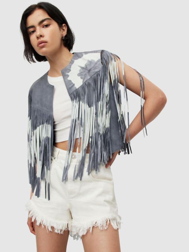 AllSaints Evie Leather Tie Dye Tassel Gilet, Powder Blue, 6