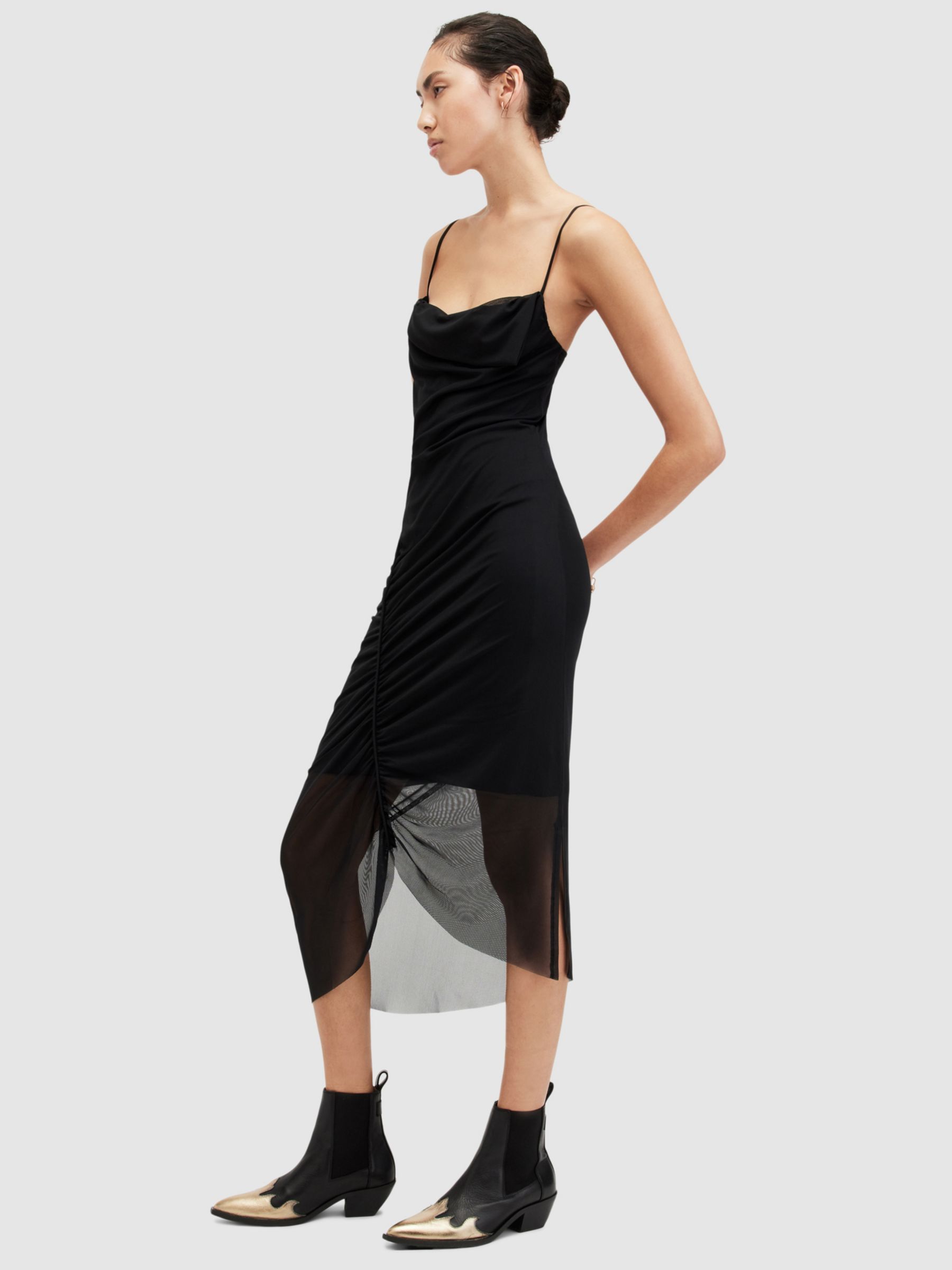 AllSaints Ulla Ruched Bodycon Midi Dress, Black at John Lewis & Partners