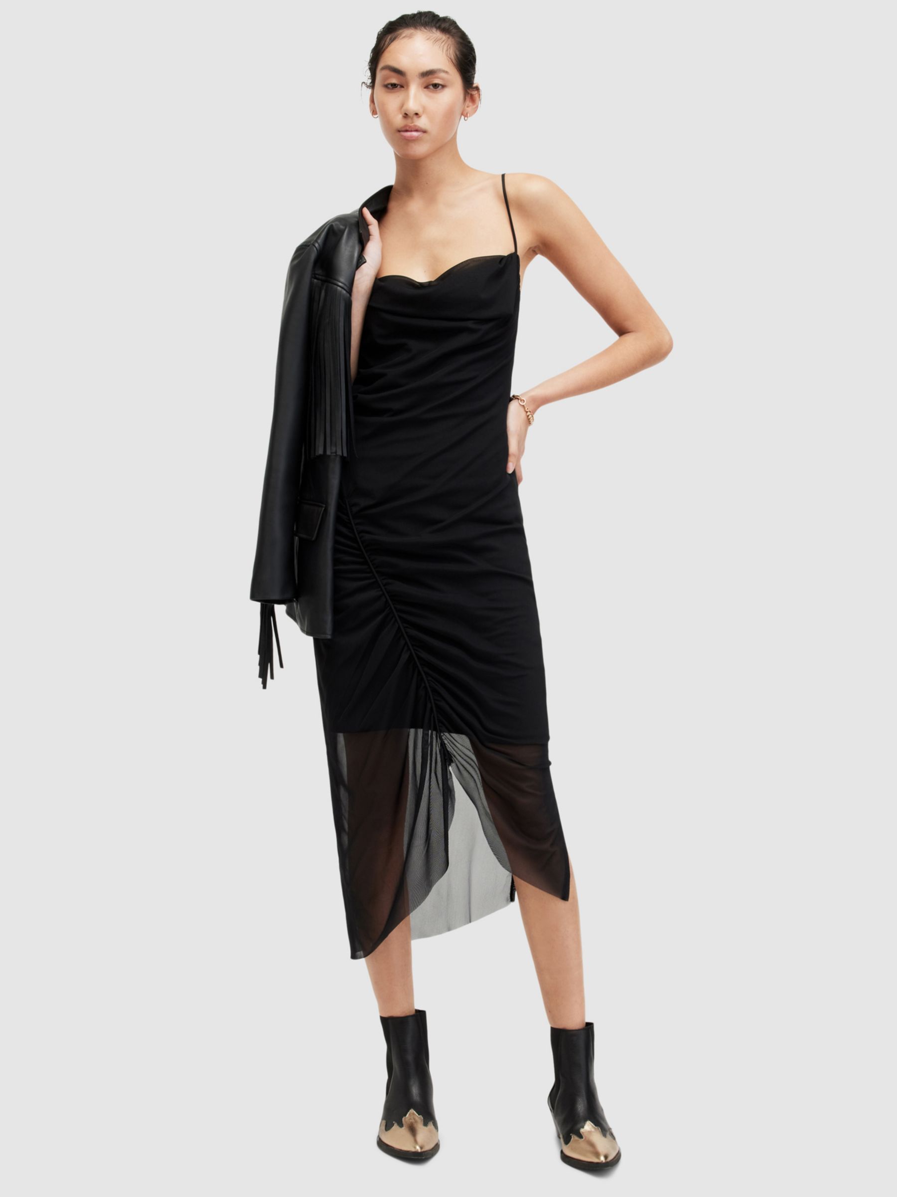 AllSaints Ulla Ruched Bodycon Midi Dress, Black, 12