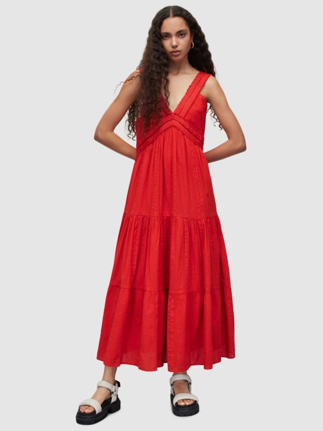 AllSaints Riri Broderie Maxi Dress, Red, 4