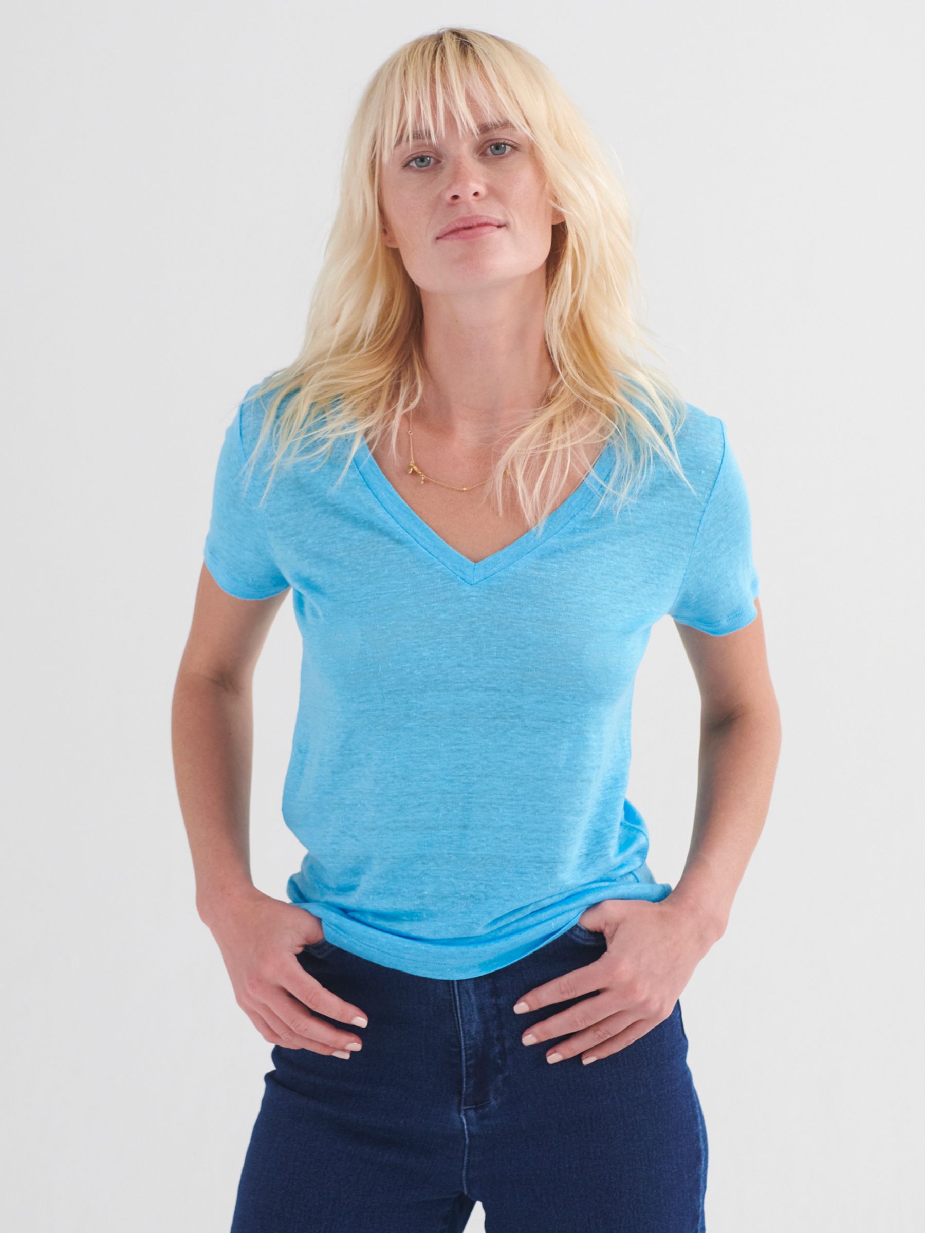 NRBY Charlie Linen V Neck T-Shirt, Turquoise, XS