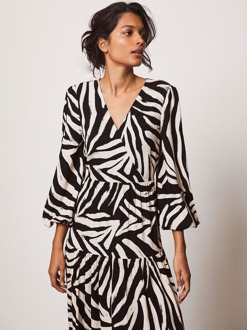 Mint Velvet Roselyn zebra Print Tiered Maxi Dress, Black/White, XS