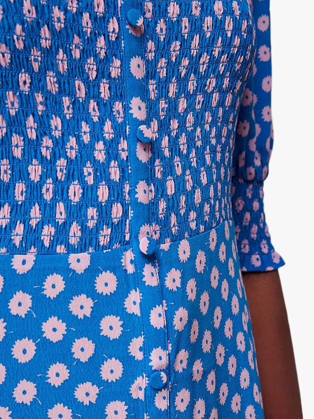 Whistles Floral Sunburst Shirred Dress, Blue/Multi