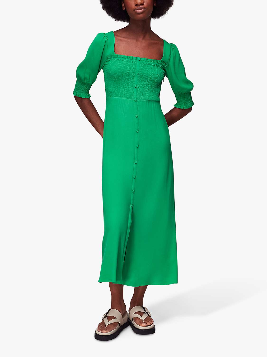 Whistles Luna Shirred Bodice Midi Dress, Green at John Lewis & Partners