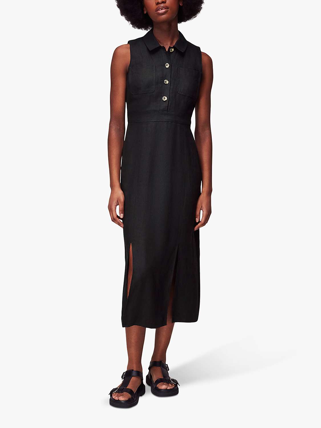 Whistles Molly Linen Midi Dress, Black at John Lewis & Partners