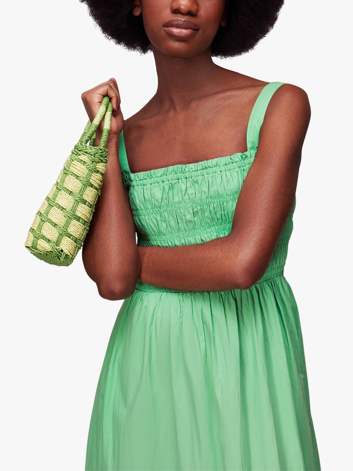 Whistles Greta Ruched Midi Poplin Dress, Green at John Lewis & Partners