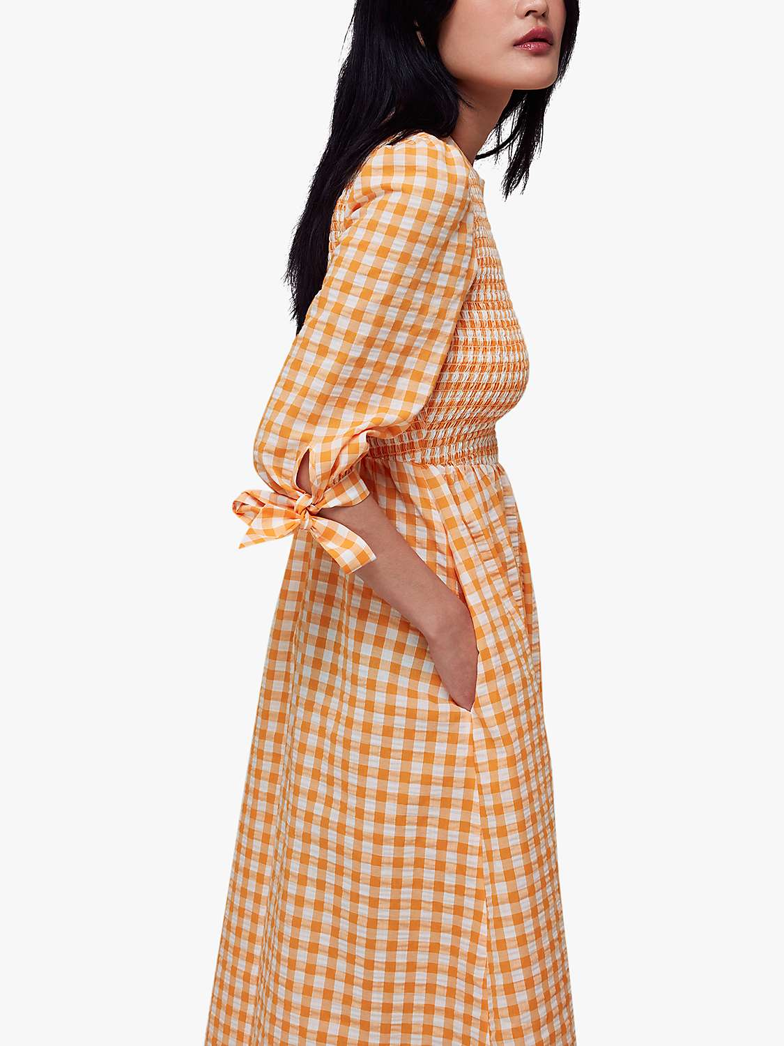 Buy Whistles Gingham Check Shirred Midi Dress, Orange/Multi Online at johnlewis.com