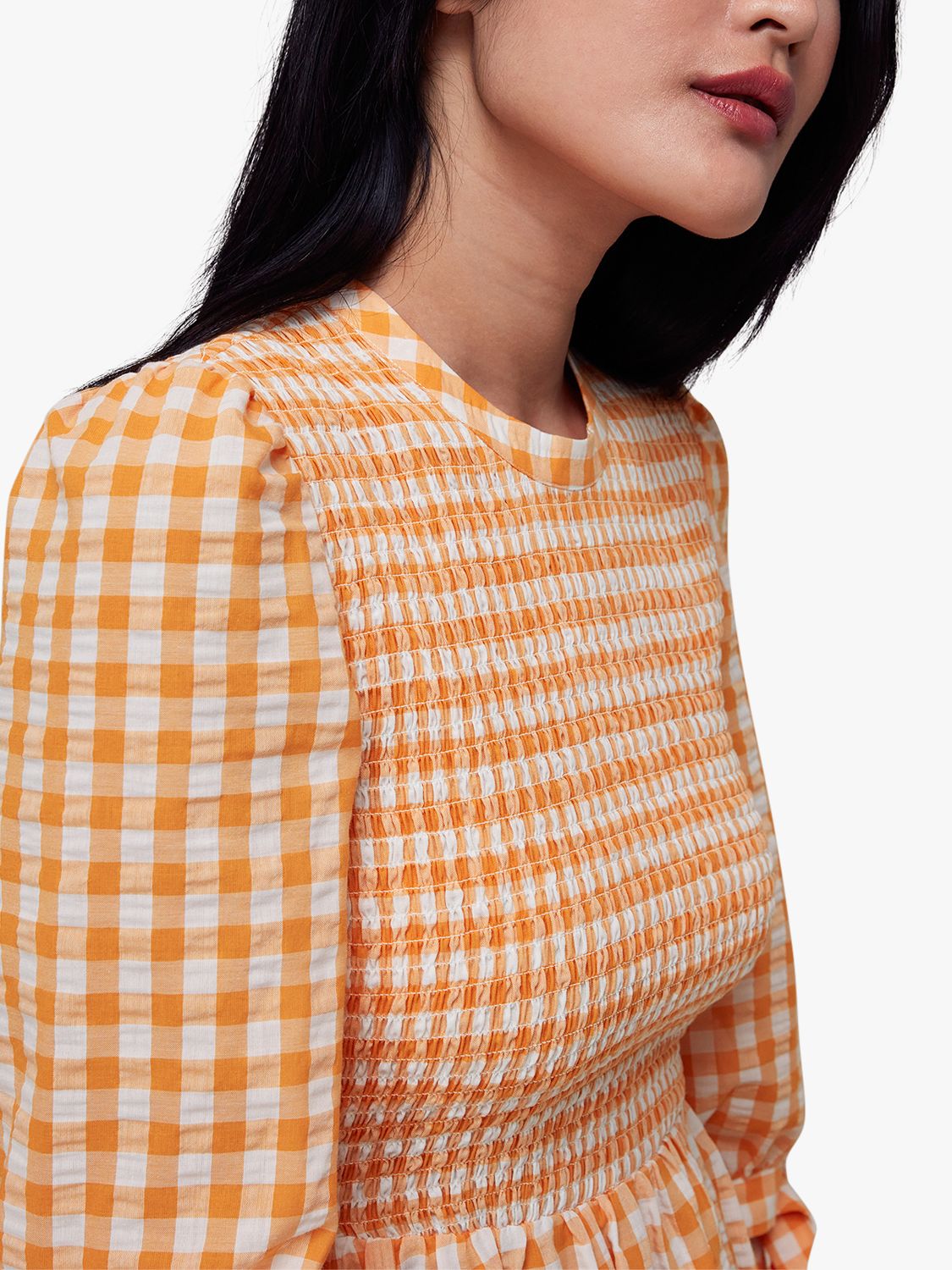 Whistles Gingham Check Shirred Midi Dress, Orange/Multi, 6