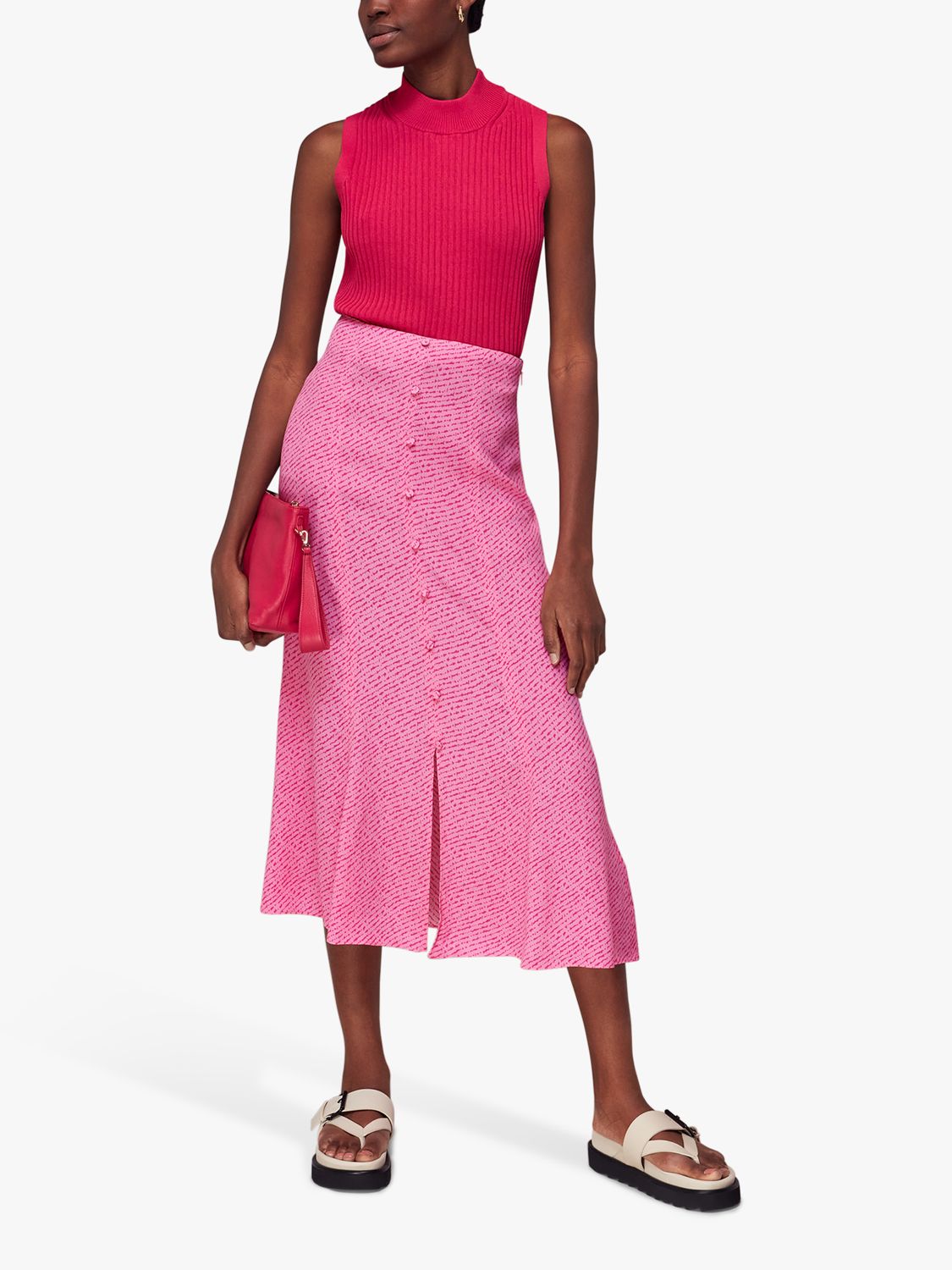 Whistles Diagonal Fleck Button Midi Skirt, Pink/Multi, 6