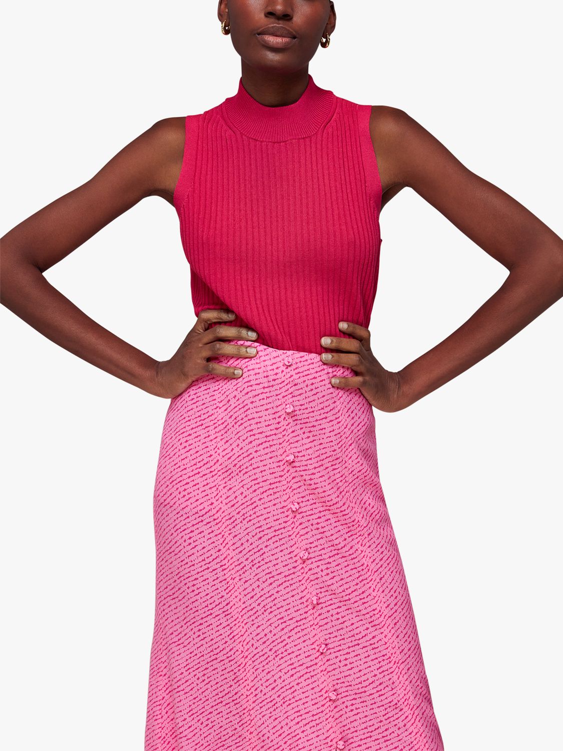 Whistles Diagonal Fleck Button Midi Skirt, Pink/Multi, 6