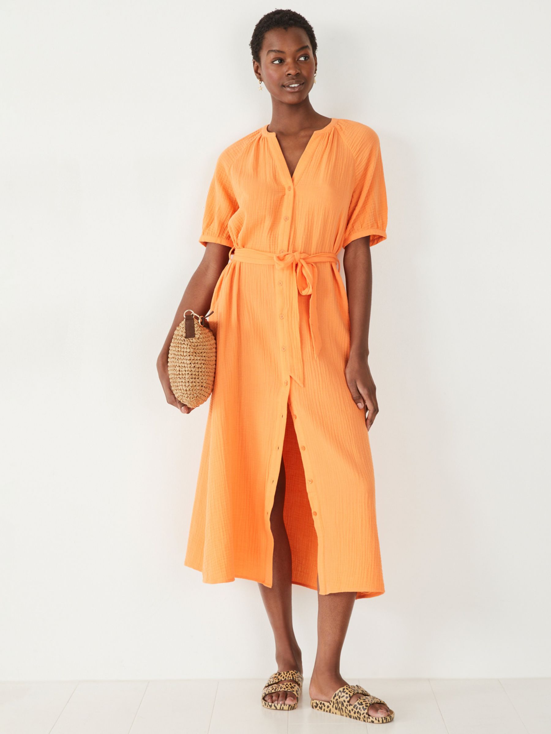 HUSH Jessie Midi Cotton Dress, Bright Orange at John Lewis & Partners
